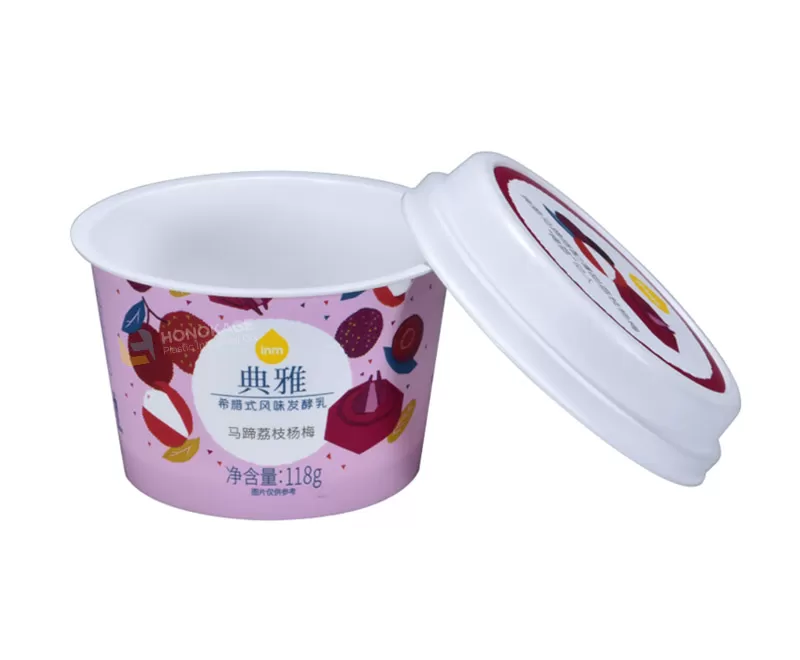 118g IML Plastic yogurt cup packaging round shape with rigid lid and little spoon