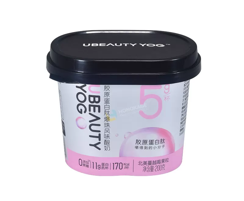 260g Plastic IML oval Yogurt cup with rigid lid and little spoon